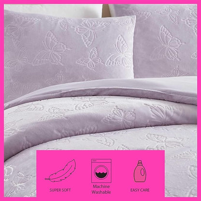 Betsey Johnson - Twin Comforter Set, Lightweight & Soft Plush Bedding with for Year Round Comfort, 2 Piece Bed Set with Matching Pillowcase (Butterfly Embossed Purple)