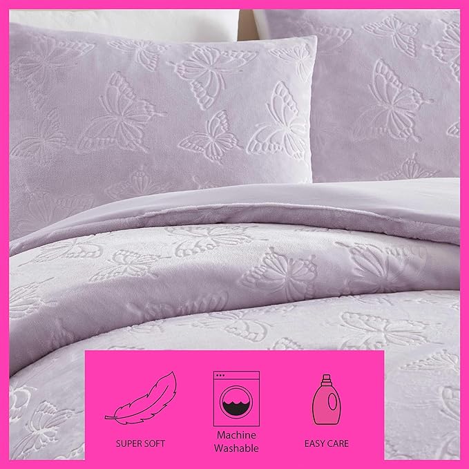 Betsey Johnson - Queen Comforter Set, Lightweight & Soft Plush Bedding with for Year Round Comfort, 3 Piece Bed Set with Matching Pillowcases (Butterfly Embossed Purple)