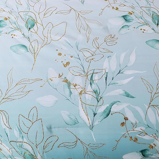 WONGS BEDDING Comforter Set Queen Size, 7 Pieces Aqua Botanical Bed in a Bag Golden Leaves Gradient Bedding Set Soft Microfiber (1 Comforter,2 Pillowcase,2 Pillow Shams,1 Flat Sheet,1 Fitted Sheet)