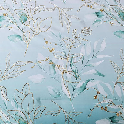 WONGS BEDDING Comforter Set Queen Size, 7 Pieces Aqua Botanical Bed in a Bag Golden Leaves Gradient Bedding Set Soft Microfiber (1 Comforter,2 Pillowcase,2 Pillow Shams,1 Flat Sheet,1 Fitted Sheet)