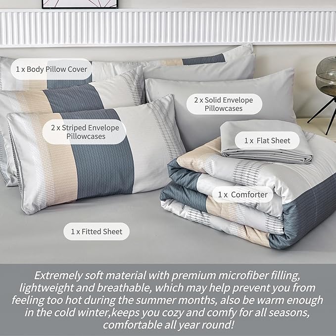 RYNGHIPY Queen Size Comforter Set Beige Grey Striped Men Boys Bedding Set Soft All Season Down Alternative Comforter Bedding Sets (Queen,Beige Grey)