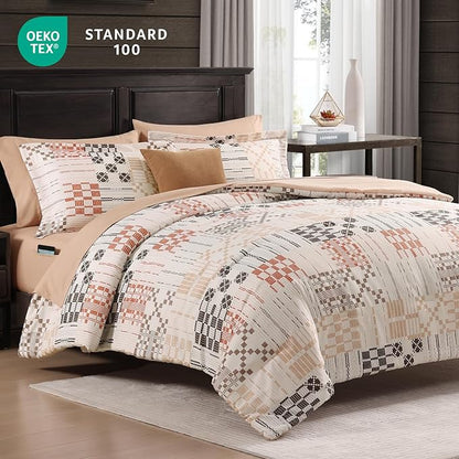 MaiRêve Full Size Comforter Sets, Classic Plaid Farmhouse Bedding Sets 7 Pieces, Beige All Season Bed in A Bag with Sheets, Pillowcases & Shams