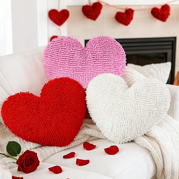 Cumule 3Pcs Valentine's Day Heart Pillows Plush Large Love Heart Pillows Red Ivory Pink Pillows for Valentines Day Living Room Bedroom Decor