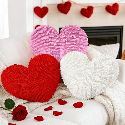 Cumule 3Pcs Valentine's Day Heart Pillows Plush Large Love Heart Pillows Red Ivory Pink Pillows for Valentines Day Living Room Bedroom Decor