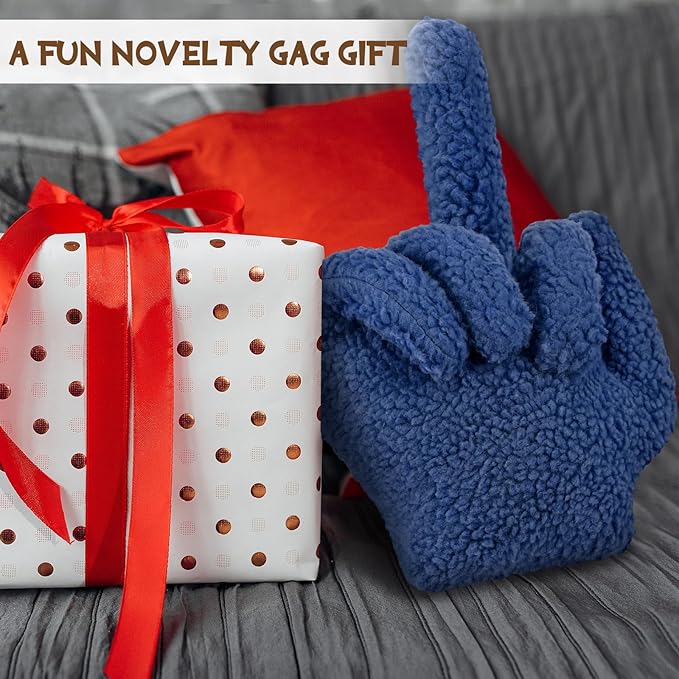 Menkxi Small Middle Finger Decorative Pillow 13.78 x 9.84 in Funny Shaped Sherpa Fleece Throw Pillow Warm Soft Emoticon Cushion Middle Finger Decor for Couch Gag Gift(Navy Blue)