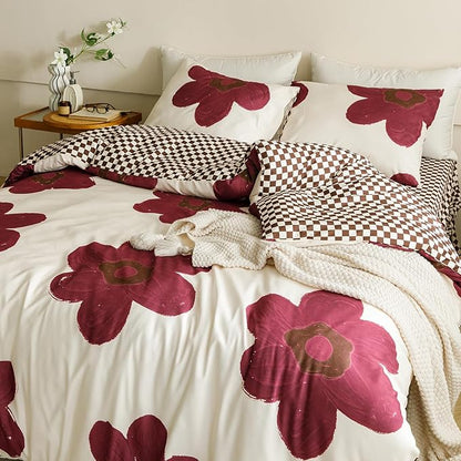 CLOTHKNOW Burgundy Floral King Size Comforter Set Sunflower Bedding Comforter Sets Soft Brown Plaid Comforter with 2 x Pillow Cases