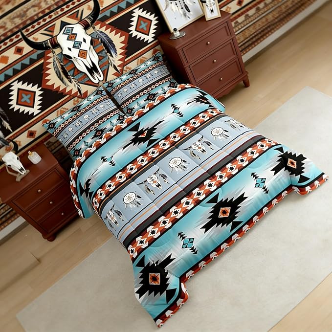 Erosebridal Western Bedding Sets Queen, Exotic Bull Skull Comforter Set, Dream Catchers Tribe Feather Duvet Insert, Southwestern Quilt With Animals, Boho Aztec Decor - Blue, Teal, Orange