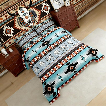 Erosebridal Western Boho Duvet Insert Twin,Cow Dream Catcher Comforter Set Southwestern Bedding Set,Ethnic Tribe Arrow Aztec Bed Quilt Retro Vintage Exotic Longhorn Skull Bohemian Decor Green