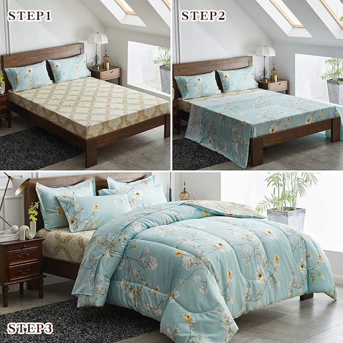Joyreap 7 Piece Bed in a Bag Queen, Aqua Floral Elegant Design, Smooth Soft Microfiber Comforter Set (1 Comforter, 2 Pillow Shams, 1 Flat Sheet, 1 Fitted Sheet, 2 Pillowcases)