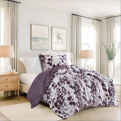 Lightweight Seersucker Botanical Twin Size Comforter Set, 2 Pieces Reversible Design Bed Comforter, Premium Microfiber Bedding Set, Comforter and Sham Set, Purple