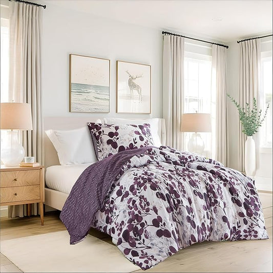 Lightweight Seersucker Botanical Twin Size Comforter Set, 2 Pieces Reversible Design Bed Comforter, Premium Microfiber Bedding Set, Comforter and Sham Set, Purple