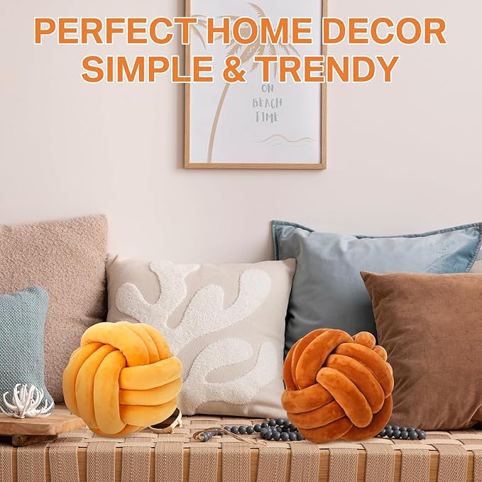 Namalu 2 Pcs Soft Knot Pillow Ball, Decorative Round Throw Knotted Pillows Cushion, Handmade Stuffed Ball Pillows for Winter Bedroom Sofa Couch Home Decor(7.87 Inches,Caramel Color)