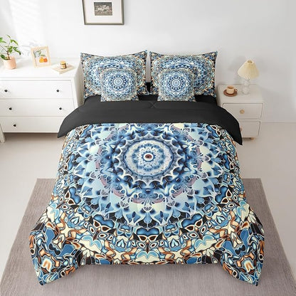 Erosebridal Oriental Medallion Bedding Set Art Deco Flower Full Comforter Set 7-Piece, Retro Mandala Bedding Comforter Sets Vintage Rustic Farmhouse Bed in a Bag, Hippie Floral Bed Sheets Set