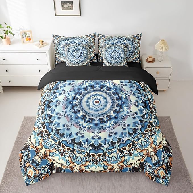 Erosebridal Oriental Medallion Bedding Set Art Deco Flower King Size Comforter Set, Retro Mandala Bedding Comforter Sets Vintage Rustic Farmhouse Bed in a Bag 7pcs, Hippie Floral Bed Set