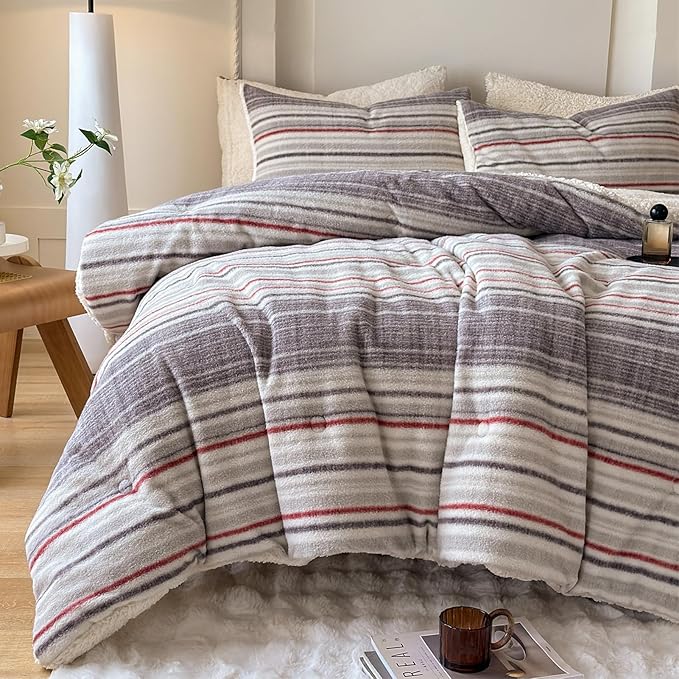 Cyusri Striped Sherpa Comforter Set 3Pcs Fluffy Warm Fleece Down Alternative, Grey Red Bedding Set with 2 Pillowcases, King Size 104"x90"