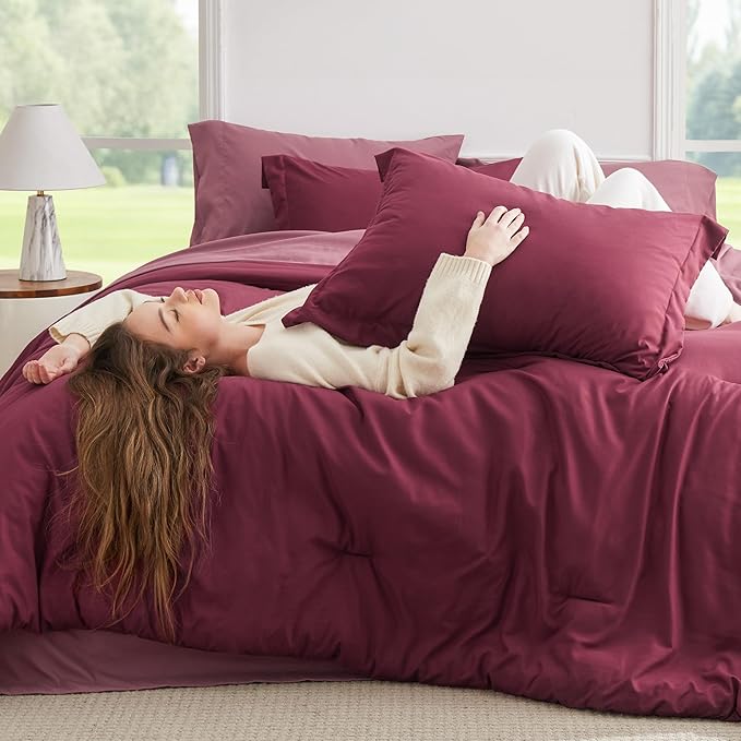Bedsure Full Size Comforter Set - 7 Pieces Burgundy Full Bedding Set for All Seasons, Boho Contrasting Design Bed in a Bag with Comforter, Sheets, Pillowcases & Shams