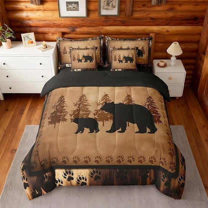 Feelyou Bear Comforter Set King Size 7 Pcs Cabin Lodge Bed in a Bag Rustic Wild Animals Bedding Farmhouse Hunting Bed Set with Sheets, Pillowcases, Pillow Covers