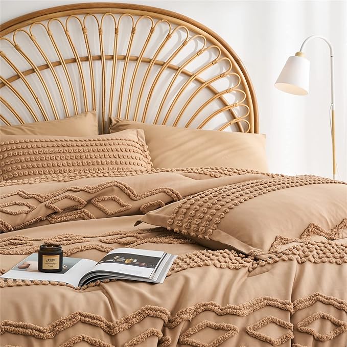 KAKIJUMN Khaki Tufted Comforter Set King Size 7 Piece Bed in a Bag, Shabby Chic Boho Comforter and Sheet Set, Pom Pom Textured Bed Set, All Season Soft Microfiber Complete Bedding Set(Khaki,King)