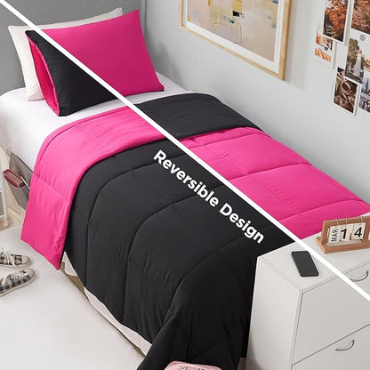 Reversible Box Stitch Comforter Set, 2-Piece Twin/Twin XL – Hot Pink/Black – Stylish Bedding Set