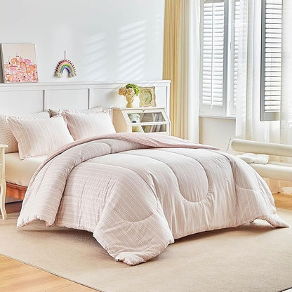 Joyreap 3pcs Cotton Comforter Set Queen, Blush Pink Stripes Design for Girls, Soft Cozy Lightweight Bedding Comforter Set for All Seasons- 88x88 inches