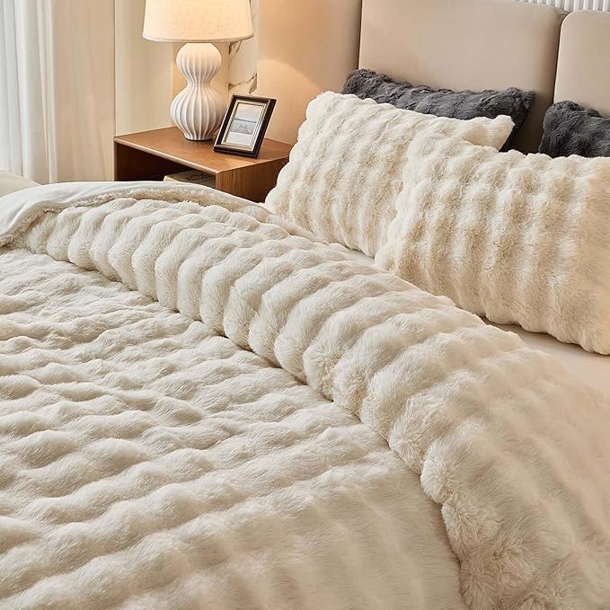Twin Faux Rabbit Fur Comforter Set - 3 Pieces Fluffy Bedding Set Ultra Soft Warm Shaggy Winter Flannel Bed Set, Luxury Skin Friendly Sherpa Comforter Set & Pillow for Thanksgiving Beige Cream White