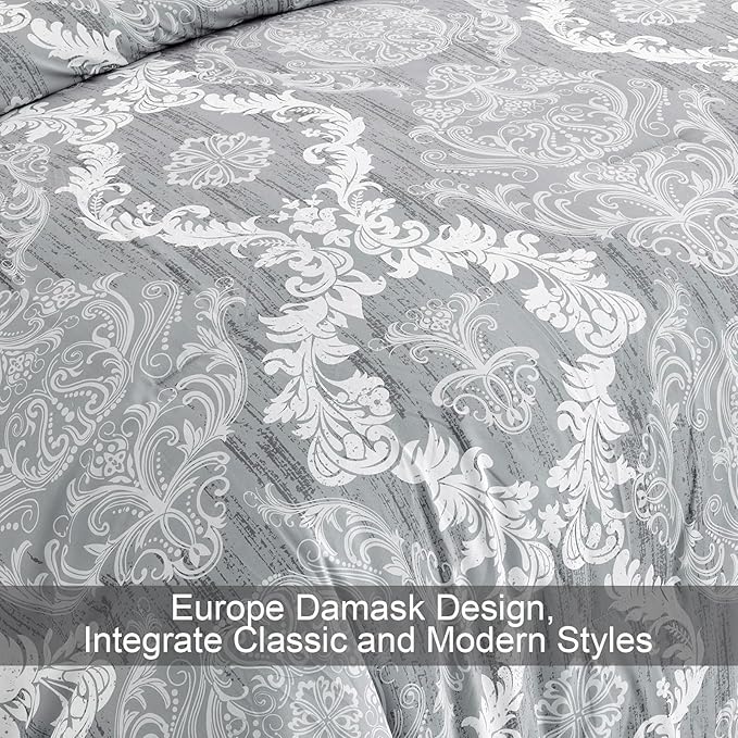 WONGS BEDDING Grey Comforter Set King Size, Damask Texture 7 Pieces Gray Bed in a Bag Microfiber Boho Comforter Bedding Sheet Set with Comforter, Flat Sheet, Fitted Sheet,Pillow Shams,Pillowcases