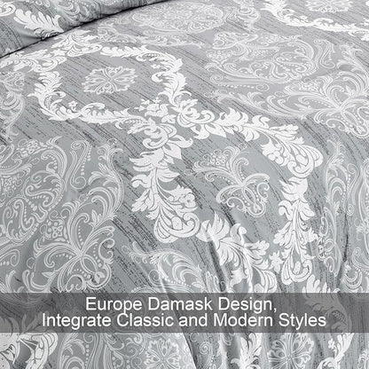 WONGS BEDDING Grey Comforter Set King Size, Damask Texture 7 Pieces Gray Bed in a Bag Microfiber Boho Comforter Bedding Sheet Set with Comforter, Flat Sheet, Fitted Sheet,Pillow Shams,Pillowcases