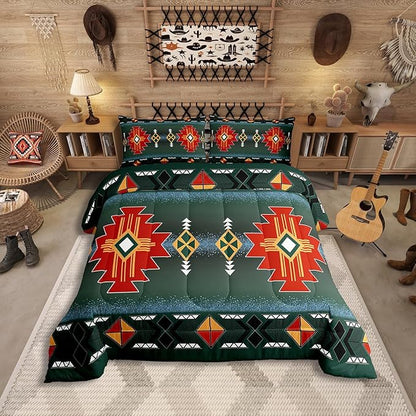 Erosebridal Southwestern Aztec Full Comforter Set, Rustic Western Bedding Set, Exotic American Native Bedding Comforter Sets for Boys Teens Men Bedroom, Vintage Bohemian Geometric Quilt, Red Green