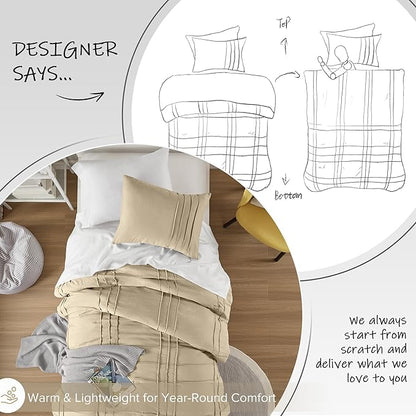 Comfort Spaces Khaki Twin Size Comforter Set - 2 Pieces Pintuck Pleated Bedding Sets, All Season Lightweight, Extra Softness Pre-Washed Microfiber Twin Bed Set, Shams, Twin