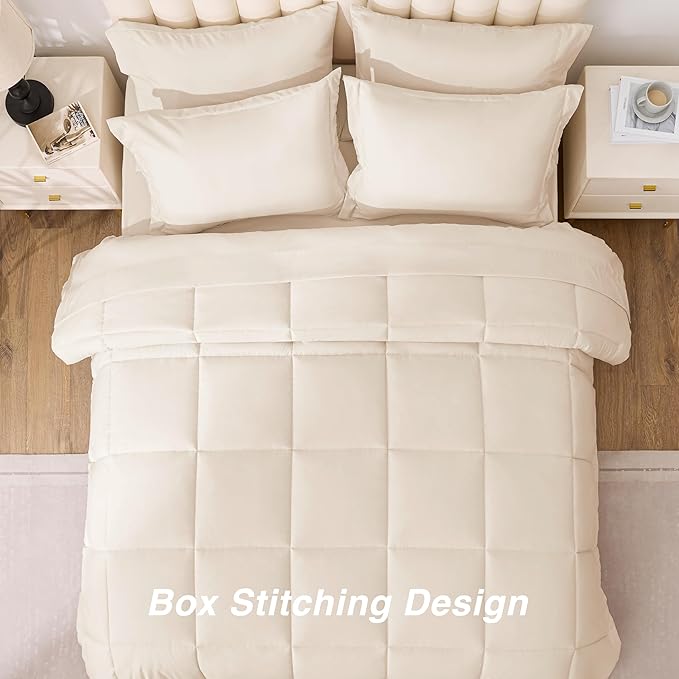 Love's cabin King Size Comforter Set Beige, 7 Pieces King Bed in a Bag, All Season Bedding Sets with 1 Comforter, 1 Flat Sheet, 1 Fitted Sheet, 2 Pillowcase and 2 Pillow Sham