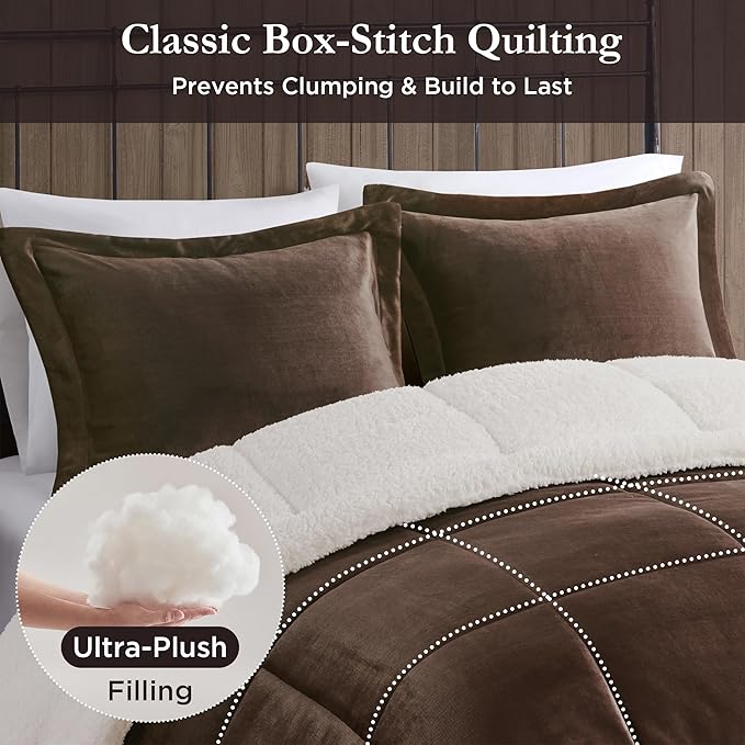 Woolrich Reversible Comforter Set Ultra Soft Plush to Sherpa, Down Alternative, Cold Weather Winter Warm Bedding, with Matching Sham, Decorative Pillow Brown/Ivory Full/Queen 4 Piece