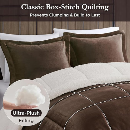 Woolrich Reversible Comforter Set Ultra Soft Plush to Sherpa, Down Alternative, Cold Weather Winter Warm Bedding, with Matching Sham, Decorative Pillow Brown/Ivory Full/Queen 4 Piece