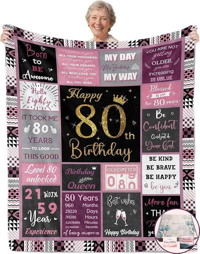 80 Birthday Gifts for Women, 80th Birthday Blanket with Gift Box for Women, Gifts for 80th Birthday, Happy 80th Birthday Decorations Gift Ideas for Her, 80th Birthday Gifts Throw Blanket 60"x50"