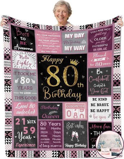 80 Birthday Gifts for Women, 80th Birthday Blanket with Gift Box for Women, Gifts for 80th Birthday, Happy 80th Birthday Decorations Gift Ideas for Her, 80th Birthday Gifts Throw Blanket 60"x50"