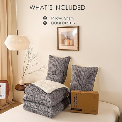 Ultra-Soft Warm Plush Reversible Sherpa Fleece King Comforter - Grey Cal/Cal King - Thickened 3D Jacquard Boho Bedding Down Comforter Set Fluffy Surface for Cozy Autumn and Winter Nights