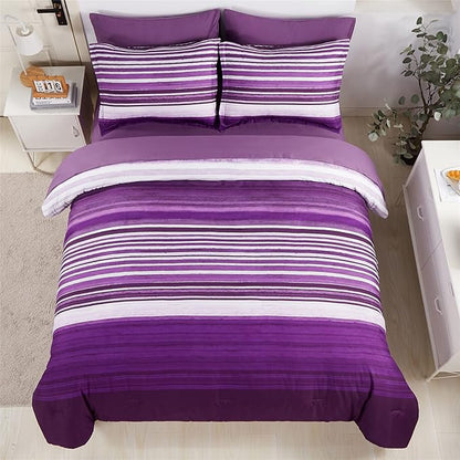 KAKIJUMN 7 Piece Bed in a Bag Stripe Comforter Set King Size, White and Purple Patchwork Striped Comforter and Sheet Set, All Season Soft Microfiber Complete Bedding Sets(Purple,King)