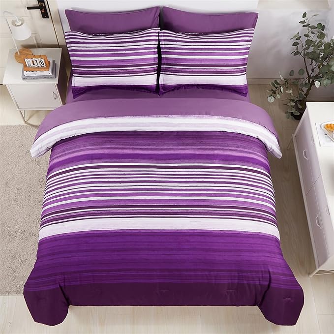 KAKIJUMN 7 Piece Bed in a Bag Stripe Comforter Set Queen Size, White and Purple Patchwork Striped Comforter and Sheet Set, All Season Soft Microfiber Complete Bedding Sets(Purple,Queen)