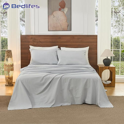 Bedlifes 100% French Pure Linen Sheets King Size Breathable and Cooling Flax Sheet Set Soft Durable and Moisture Wicking 16 Inch Deep Pocket-4 Piece(King,Grey)