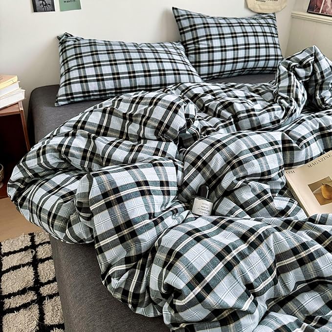 HighBuy Grey Gingham Comforter Set King Size,Plaid Grid Queen Comforter Set Grey Black Plaid Comforter Set with 2 Pillowcases,3 Pieces Vintage Fluffy Soft Farmhouse Checkered Grid Bedding Set