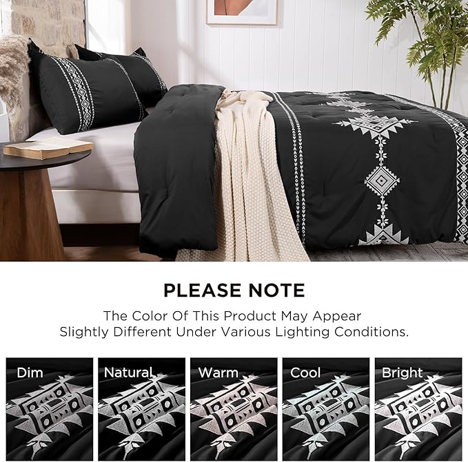 Embroidered Boho Comforter Set Queen Size, 3-Piece Western Shabby Chic Bedding Set - Fluffy Ultra Soft Microfiber with Intricate Design, Includes Comforter & 2 Pillowcases, Black(88"x88")