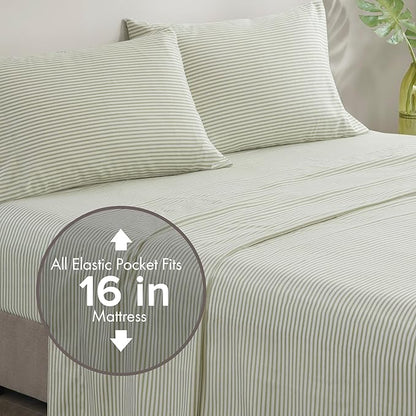 Madison Park Essentials Jaxon Cal King Comforter Set, Bed in A Bag Comforter & Sheet Set, Modern Casual Stripes Print, All Seasons, Soft Bedding Makeover, Matching Sham, Cal King Green/Grey 7 Piece