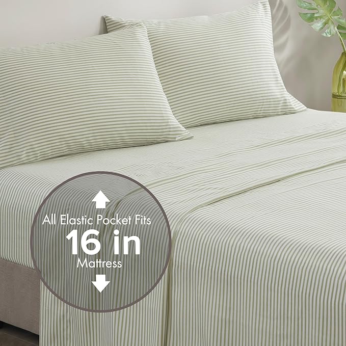 Madison Park Essentials Jaxon King Comforter Set, Bed in A Bag Comforter & Sheet Set, Modern Casual Stripes Print, All Seasons, Soft Bedding Makeover, Matching Sham, King Green/Grey 7 Piece