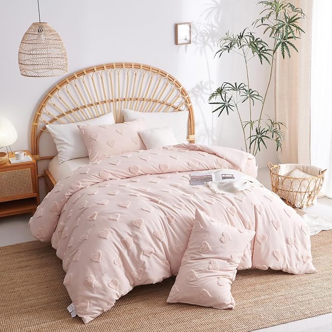 Boho Tufted Comforter Set Queen Size Pink Heart Tufted Textured Bedding Set 3 Pieces Farmhouse Shabby Chic Embroidery Bed Set Soft Jacquard Comforter for All Season with 2 Pillowcases