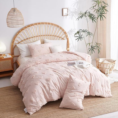 Boho Tufted Comforter Set Queen Size Pink Heart Tufted Textured Bedding Set 3 Pieces Farmhouse Shabby Chic Embroidery Bed Set Soft Jacquard Comforter for All Season with 2 Pillowcases