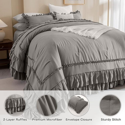 Masaca Grey Oversized King Comforter Set 128x120,Shabby Boho Chic Ruffle Bedding Comforter Extra Large King Size,French Country Rustic Farmhouse Bedding 3PCS (1 Ruffled Comforter+2 Pillow Shams)