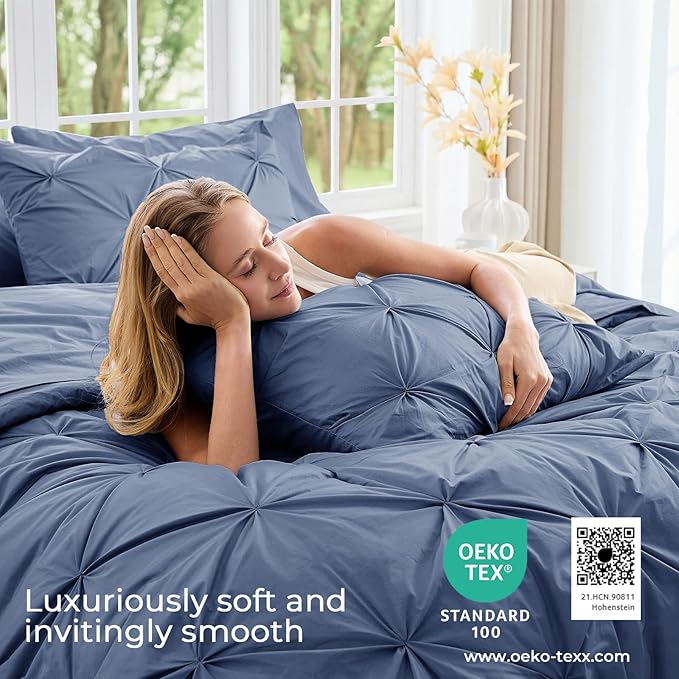 Sasttie Full Size Comforter Set, 7-Piece Bed in a Bag, Pintuck Bedding Set for All Season, Includes Comforter, Flat Sheet, Fitted Sheet, Pillowcases and Pillowshams, Slate Blue