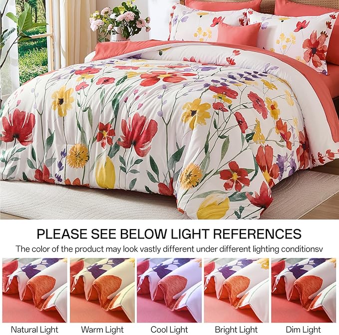 Anibedding 8Pieces Queen Comforter Set, Pink Red Watercolor Floral Queen Size Bed in a Bag Comforter Set with Pillowcase, Sheets for All Season
