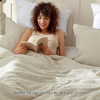 PHF Soft Waffle Comforter Set Twin Size- Comfy Breathable Waffle Weave Comforter with 1 Pillow Shams, 2 Pieces Less Snagging Lightweight Textured Bedding Set for All Season, Natural/Linen