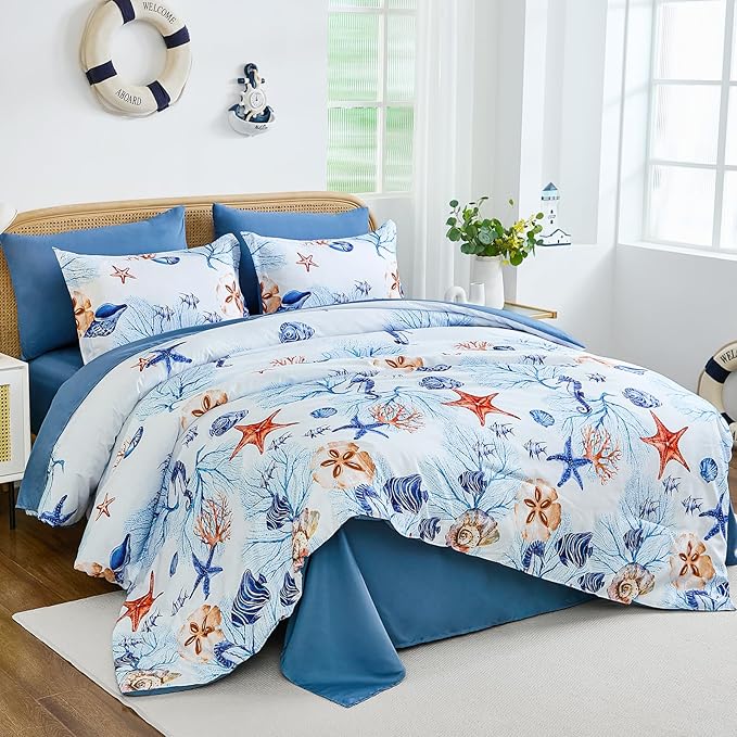 WONGS BEDDING Coastal Queen Comforter Set, 7 Pieces Beach Themed Ocean Sand Dollor & Starfish Pattern Bed in a Bag, Summer Bed Comforter Bedding Set(90"×90")