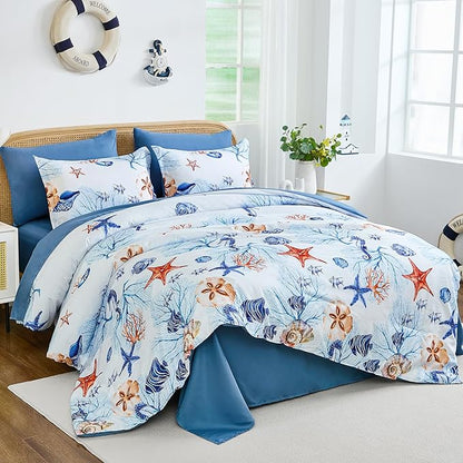 WONGS BEDDING Coastal Queen Comforter Set, 7 Pieces Beach Themed Ocean Sand Dollor & Starfish Pattern Bed in a Bag, Summer Bed Comforter Bedding Set(90"×90")